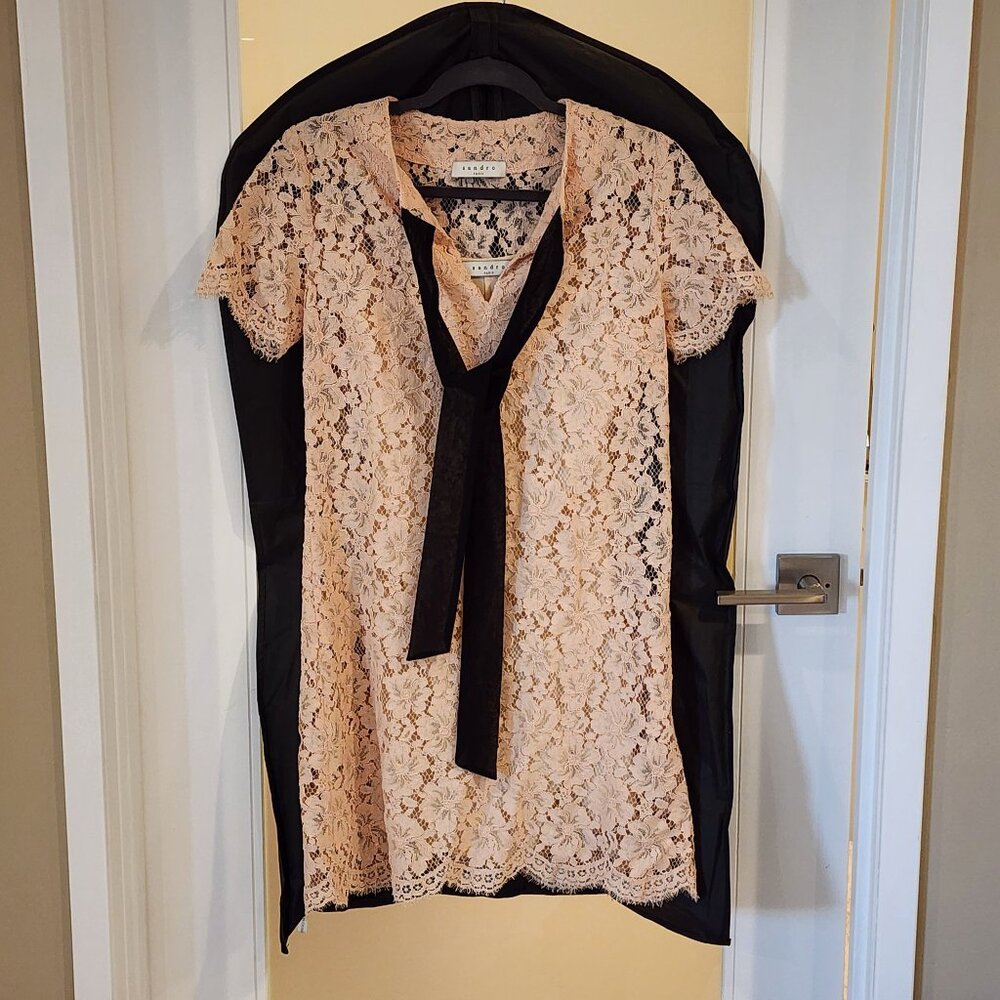 Excellent!!| US SZ 2| Sandro: Peach Lace & Black tie A-line Dress